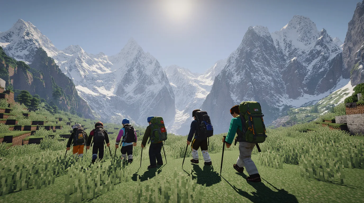 Dağ Yürüyüşü Voxel Çayırda Grup