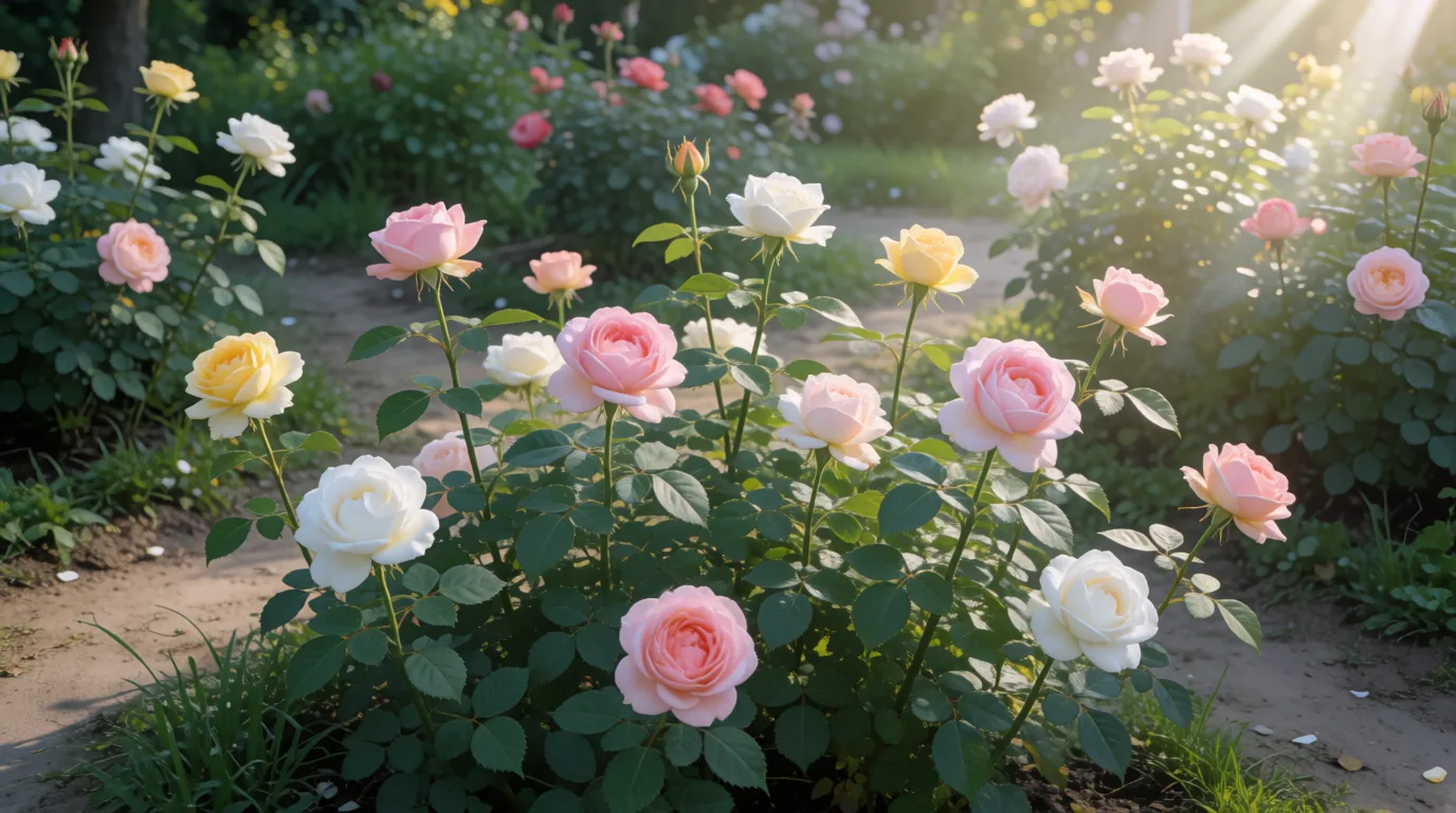 Güneş ışığı alan bahçede pembe, beyaz ve sarı güller çiçek açıyor