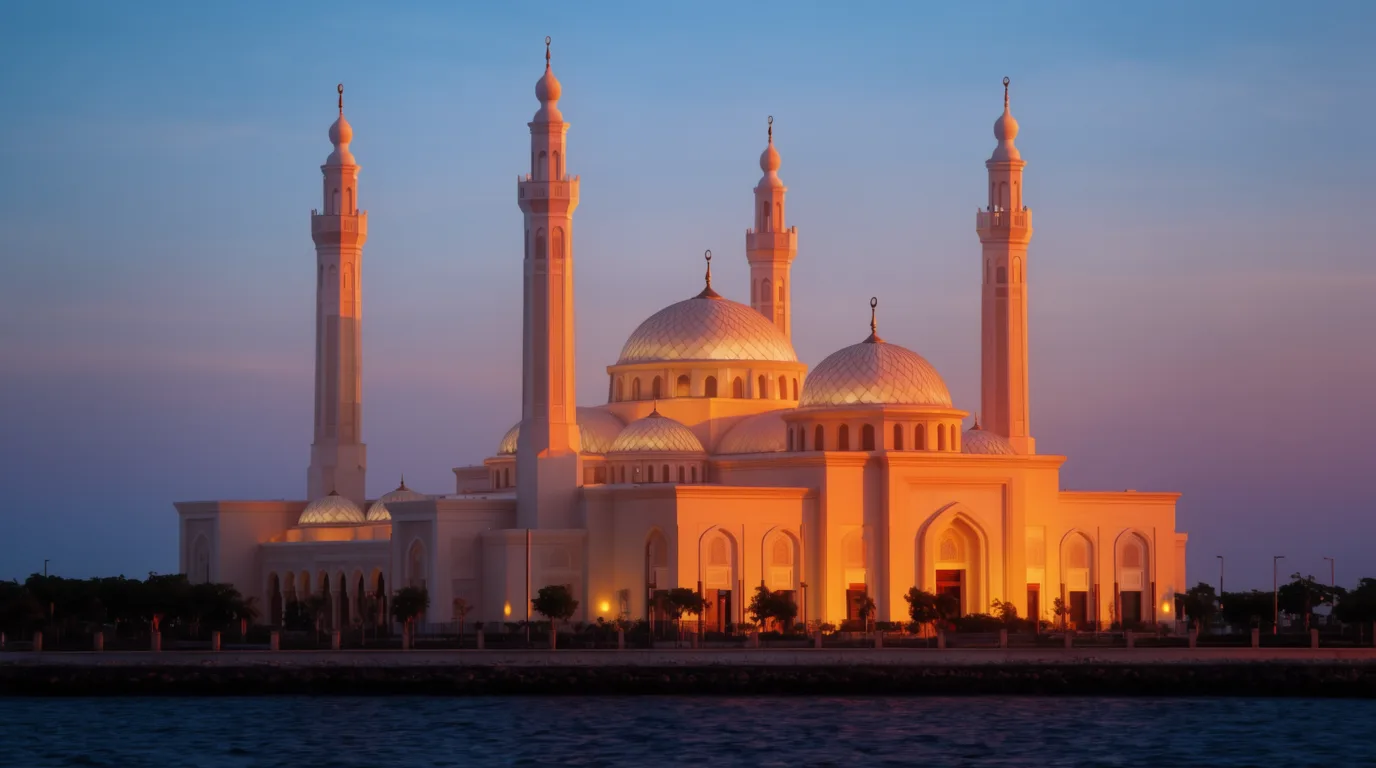 Gün batımında su kıyısında yükselen kubbeli bir cami ve dört minaresi