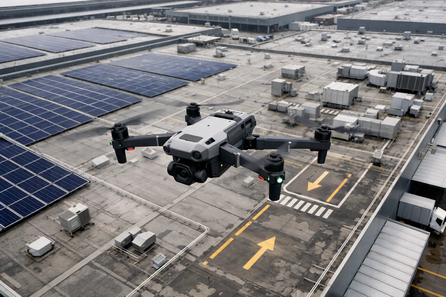Güneş panelleriyle kaplı bir çatı üzerinde uçan kamera dronu