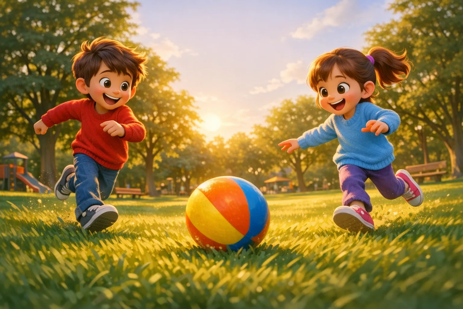 Gün batımında çimenlik alanda renkli topun peşinden koşan iki çizgi film tarzı çocuk