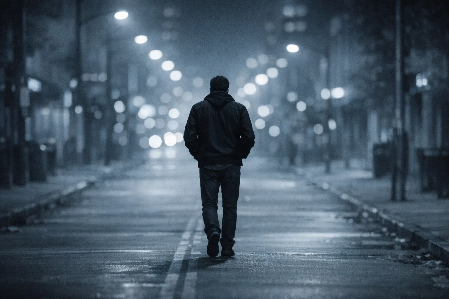 Gece ıslak bir şehir caddesinde sırtı dönük yürüyen tek kişi, uzakta flu sokak lambaları ve araç ışıkları